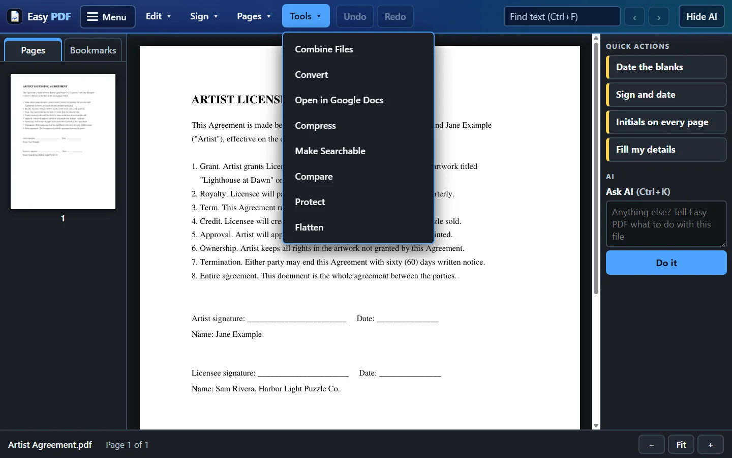 The Tools menu open: Combine Files, Convert, Open in Google Docs, Compress, Make Searchable, Compare, Protect, Flatten.